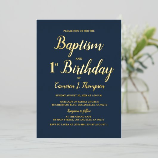 Navy blauw en goud Doop en 1e verjaardag Folie Feestdagenkaart (Staand Voorkant)