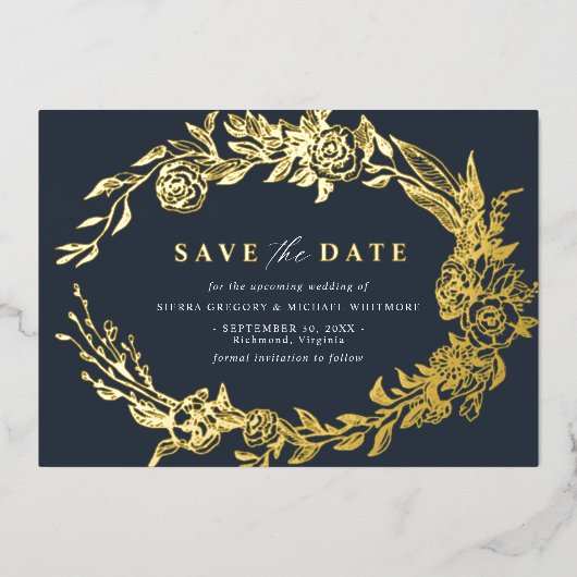 Navy blauw en goud | Elegante Bloemen Save the Dat Folie Uitnodiging (Voorkant)