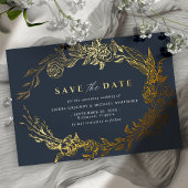 Navy blauw en goud | Elegante Bloemen Save the Dat Folie Uitnodiging