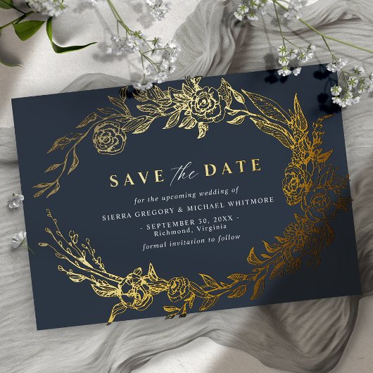 Navy blauw en goud | Elegante Bloemen Save the Dat Folie Uitnodiging