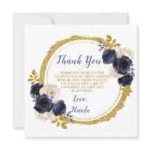 Navy Blauw en Goud Elegante Bloemen Sweet Sixteen