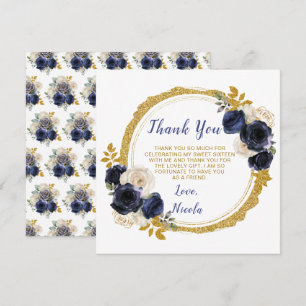 Navy Blauw en Goud Elegante Bloemen Sweet Sixteen Bedankkaart