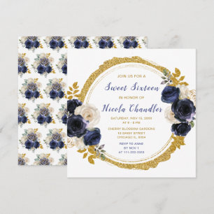 Navy Blauw en Goud Elegante Bloemen Sweet Sixteen Kaart