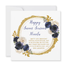 Navy Blauw en Goud Elegante Bloemen Sweet Sixteen