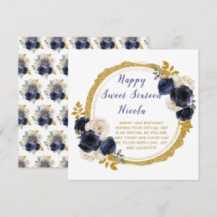 Navy Blauw en Goud Elegante Bloemen Sweet Sixteen Kaart