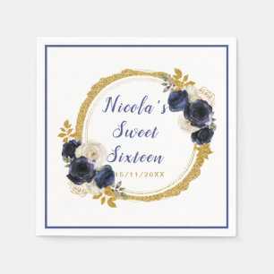 Navy Blauw en Goud Elegante Bloemen Sweet Sixteen Servet