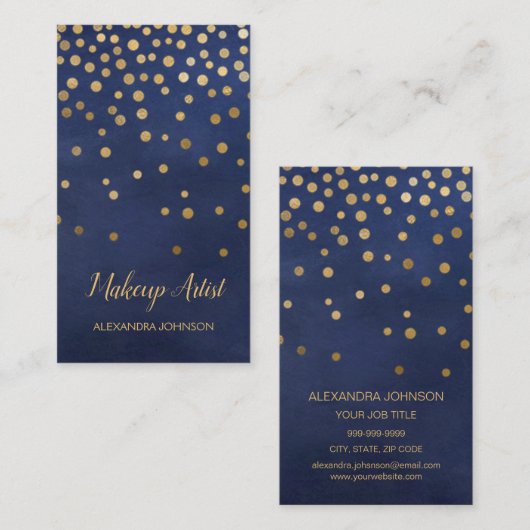Navy Blauw en Goud Elegante Confetti Make-up Artis Visitekaartje (Voorkant / Achterkant)