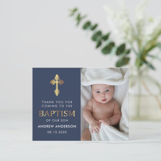 Navy blauw en goud foto doop dank u briefkaart (Staand voorkant)