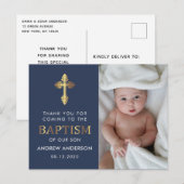 Navy blauw en goud foto doop dank u briefkaart (Voorkant / Achterkant)