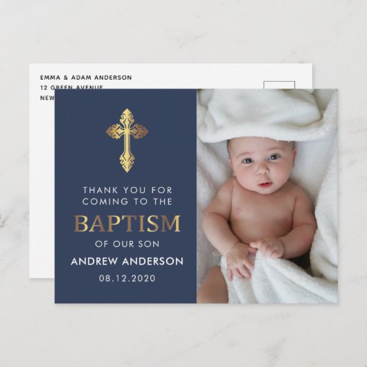 Navy blauw en goud foto doop dank u briefkaart (Voorkant / Achterkant)