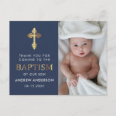 Navy blauw en goud foto doop dank u briefkaart (Voorkant)