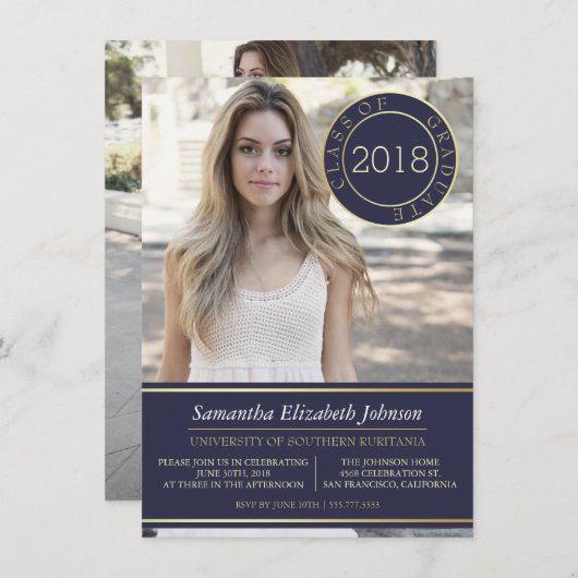 Navy blauw en goud | Fotoafstudeerfeest Kaart (Voorkant / Achterkant)