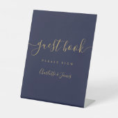 Navy blauw en goud handtekening script gastboek reclamebord met voetstuk (Voorkant)