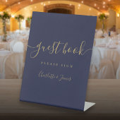 Navy blauw en goud handtekening script gastboek reclamebord met voetstuk