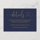 Navy blauw en goud hart script bruiloft details informatiekaartje (Voorkant)