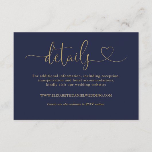 Navy blauw en goud hart script bruiloft details informatiekaartje (Voorkant)