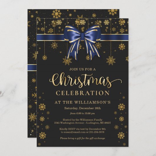 Navy Blauw en Goud Kerstfeest Uitnodiging (Voorkant / Achterkant)