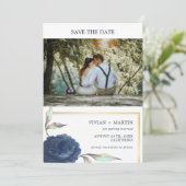 Navy blauw en goud Lijst bloemenfoto bruiloft Save The Date (Staand voorkant)