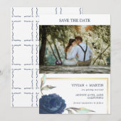 Navy blauw en goud Lijst bloemenfoto bruiloft Save The Date (Voorkant / Achterkant)