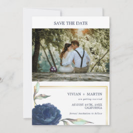 Navy blauw en goud Lijst bloemenfoto bruiloft Save The Date