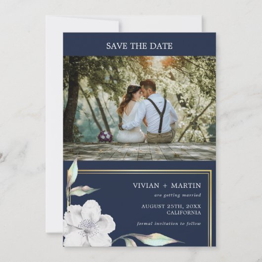 Navy blauw en goud Lijst bloemenfoto bruiloft Save The Date (Voorkant)