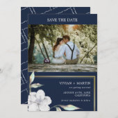Navy blauw en goud Lijst bloemenfoto bruiloft Save The Date (Voorkant / Achterkant)