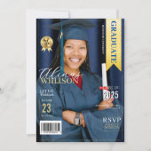 Navy blauw en goud magazine afstuderen foto kaart (Voorkant)