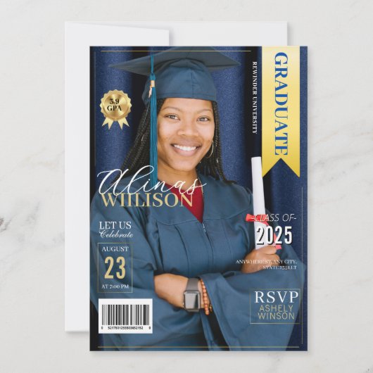 Navy blauw en goud magazine afstuderen foto kaart (Voorkant)