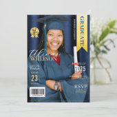 Navy blauw en goud magazine afstuderen foto kaart (Staand voorkant)