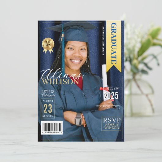 Navy blauw en goud magazine afstuderen foto kaart (Staand voorkant)