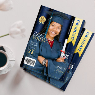 Navy blauw en goud magazine afstuderen foto kaart