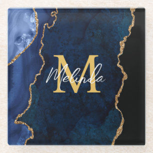 Navy Blauw en Goud Marmer Agaat Glazen Onderzetter