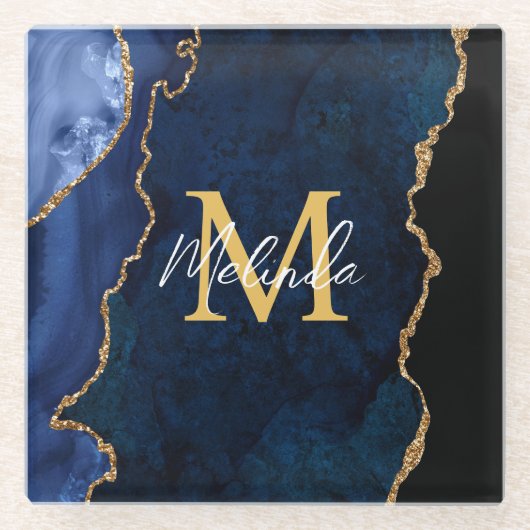 Navy Blauw en Goud Marmer Agaat Glazen Onderzetter (Voorkant)