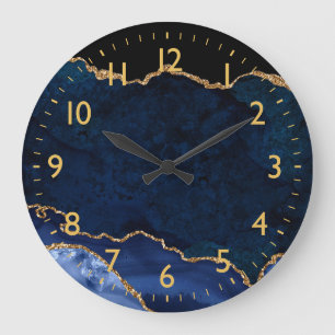 Navy Blauw en Goud Marmer Agaat Grote Klok