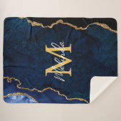 Navy Blauw en Goud Marmer Agaat Sherpa Deken (Voorkant (horizontaal))