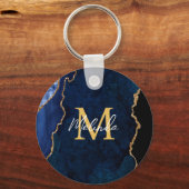 Navy Blauw en Goud Marmer Agaat Sleutelhanger (Voorkant)