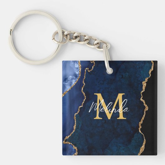 Navy Blauw en Goud Marmer Agaat Sleutelhanger (Voorkant)