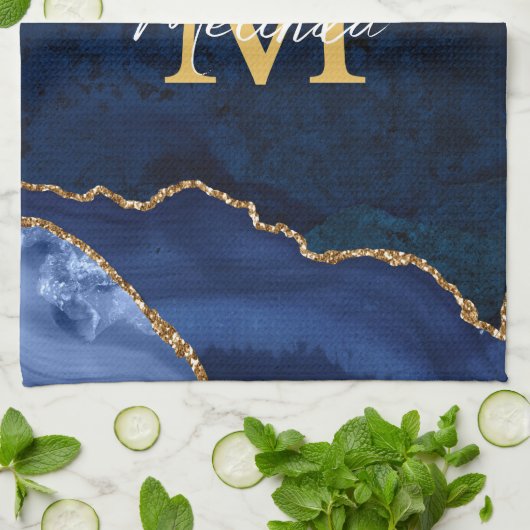 Navy Blauw en Goud Marmer Agaat Theedoek (Gevouwen)