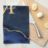 Navy Blauw en Goud Marmer Agaat Theedoek (Quarter Fold)
