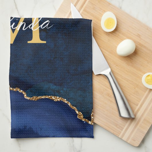 Navy Blauw en Goud Marmer Agaat Theedoek (Quarter Fold)
