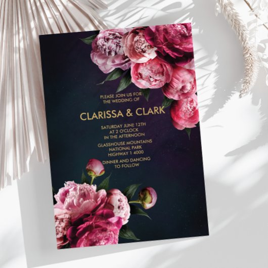 Navy blauw en goud met romantische pioenen kaart