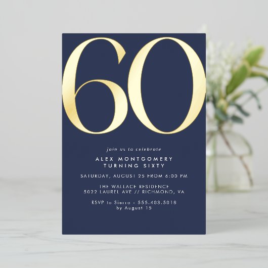 Navy blauw en goud | Moderne Elegante 60ste verjaa Folie Uitnodiging (Staand Voorkant)