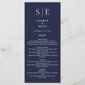 Navy blauw en goud monogram bruiloft diner menu (Voorkant)