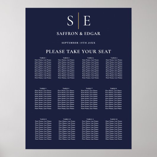 Navy blauw en goud monogram bruiloft zitgrafiek poster (Voorkant)