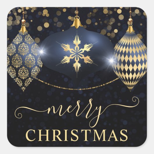 Navy Blauw en Goud Ornamenten Baubles Kerstmis Vierkante Sticker (Voorkant)