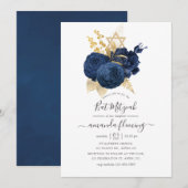 Navy Blauw en Goud Roos Bat Mitzvah Kaart (Voorkant / Achterkant)