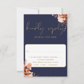 Navy blauw en goud rustieke bloemen bruiloft RSVP kaartje (Voorkant)