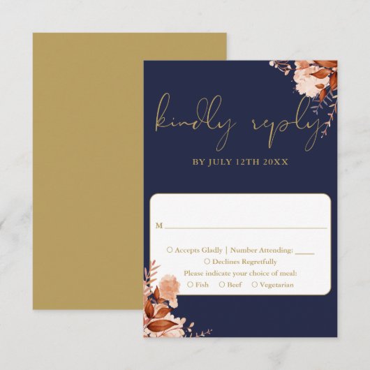 Navy blauw en goud rustieke bloemen bruiloft RSVP kaartje (Voorkant / Achterkant)