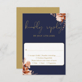 Navy blauw en goud rustieke bloemen bruiloft RSVP kaartje
