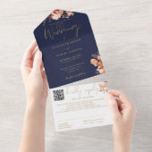 Navy blauw en goud rustieke bloemen QR code bruilo All In One Uitnodiging (Afscheurbaar)